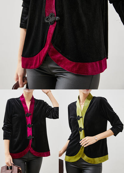 Green Patchwork Oriental Silk Velour Blouses Spring