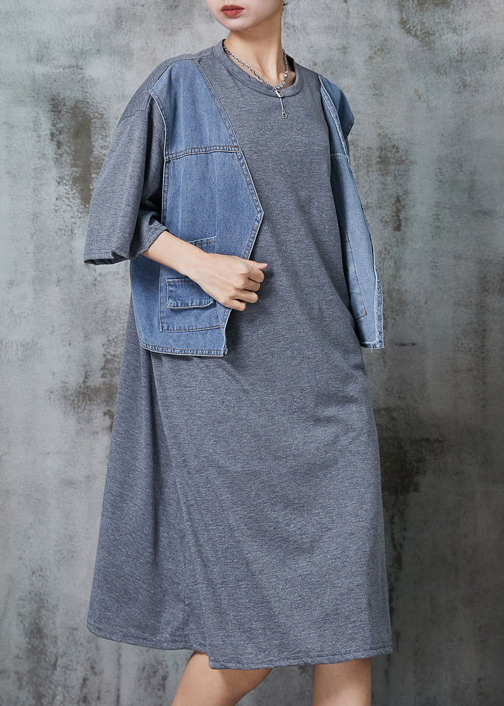 Grey Oversized Patchwork Cotton Robe Dresses Summer