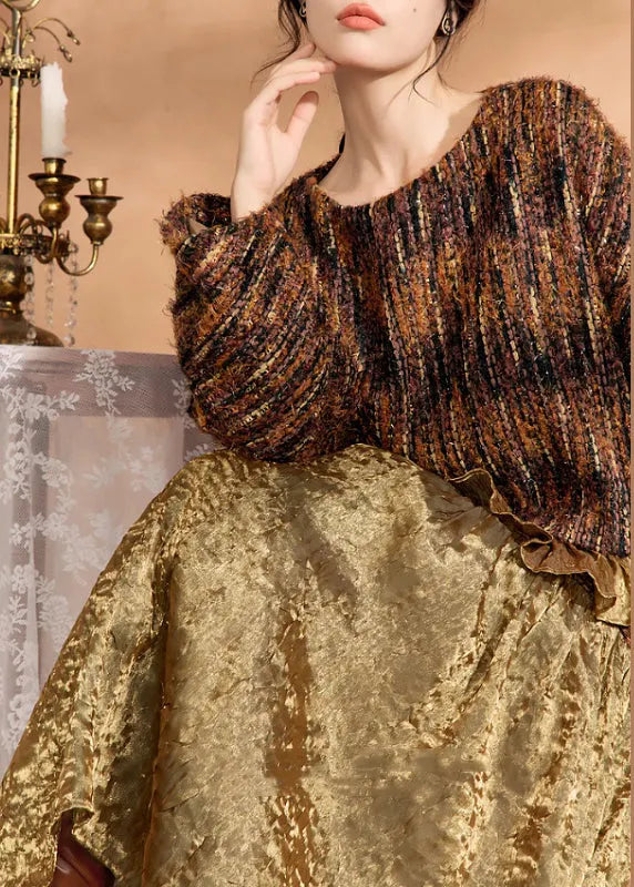 Brown Knit Sweaters and Silk Skirts Two Pieces Set Fall