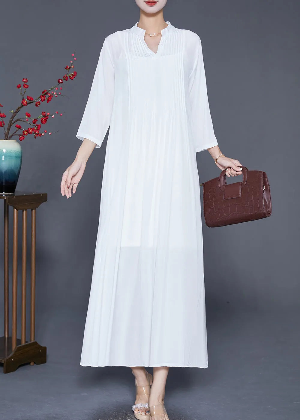 White Linen a Line Dresses Oversized Wrinkled Bracelet Sleeve