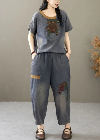 Blue Elastic Waist Denim Two Pieces Set O Neck Short Sleeve