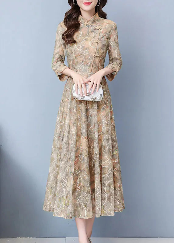 Khaki Print Exra Large Hem Lace Oriental Dresses Fall