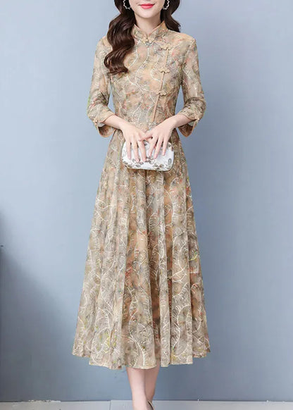 Khaki Print Exra Large Hem Lace Oriental Dresses Fall