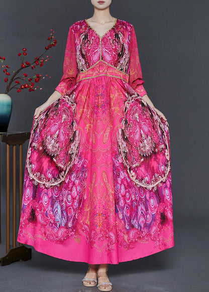 Rose V Neck Print Chiffon Style Dress Fall