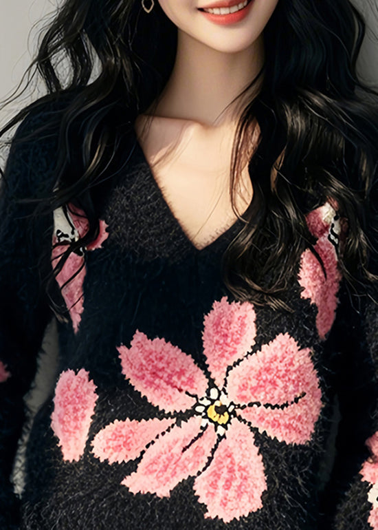 Stylish Black V Neck Ma Hai Mao Knit Sweater Spring