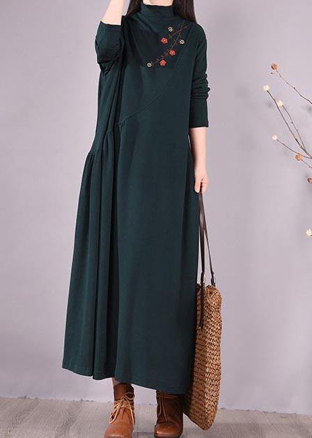 Handmade Blackish Green Embroidery Clothes High Neck Cinched Robes Spring Dresses