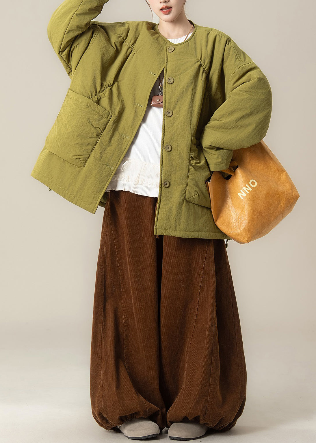 Green Button Cotton Filled Coat and Coffee Drawstring Pants Winter Two Pieces Set O Neck