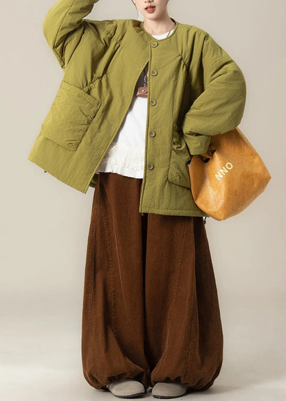 Green Button Cotton Filled Coat and Coffee Drawstring Pants Winter Two Pieces Set O Neck