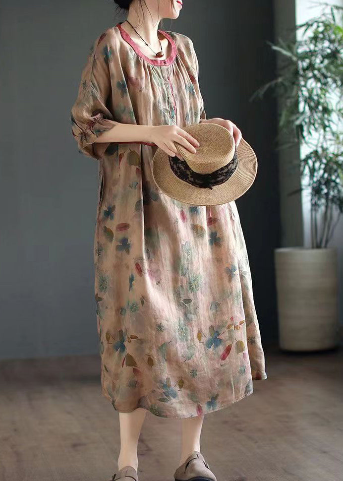 Green O Neck Print Linen Long Dresses Half Sleeve