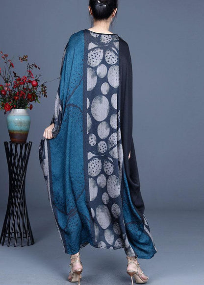 Blue Retro V Neck Patchwork Summer Robe Dresses Bat Wing Sleeve