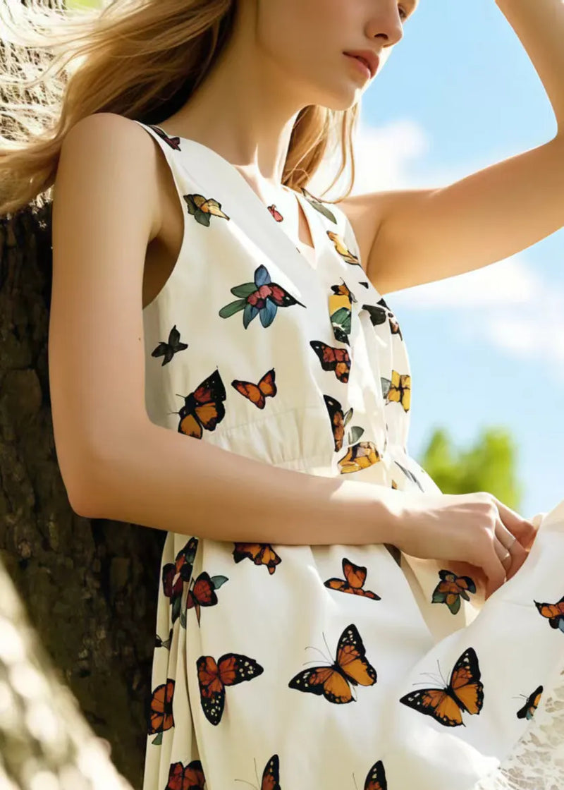 White Butterfly Cotton Tea Dress Sleeveless