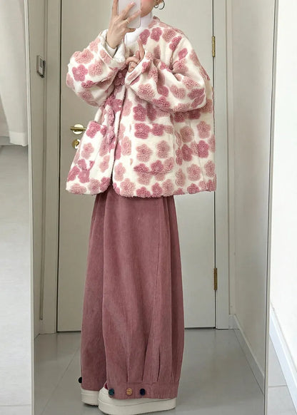 Pink Pockets Mink Velvet Coats and Wide Leg Pants Two Piece Set Winter