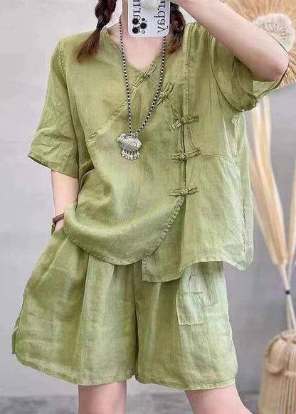 New Green V Neck Button Linen Two-piece Set Summer