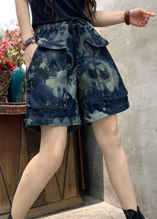 Organic Blue Retro Print Pockets Denim Summer Shorts