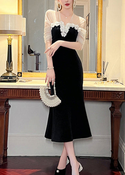 Black V Neck Tulle Patchwork Maxi Dresses Summer