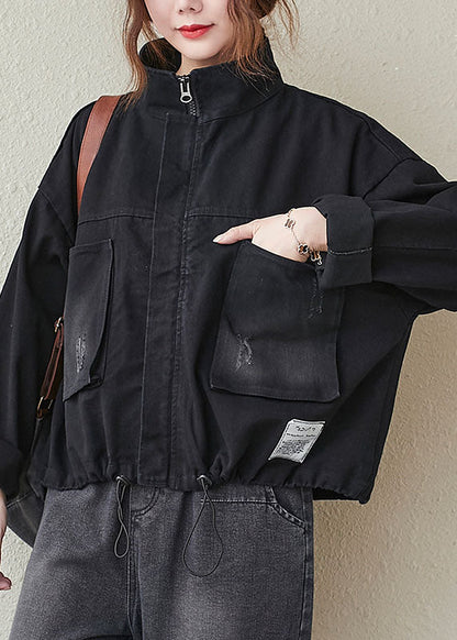 Black Pockets Zippered Drawstring Fall Denim Long Sleeve Coat