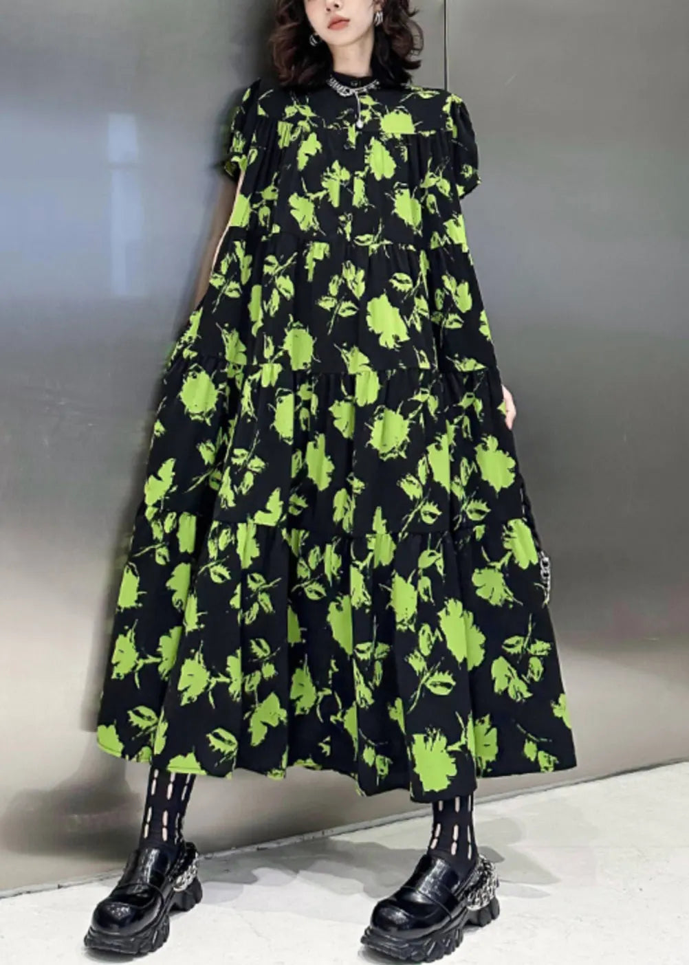 Green Print Wrinkled Patchwork Cotton Long Dresses Summer