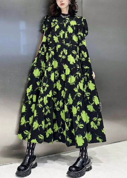 Green Print Wrinkled Patchwork Cotton Long Dresses Summer