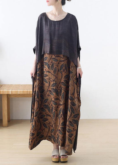 Grey Silk Blended Patchwork Print Holiday Dress Summer