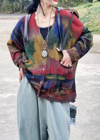 Green V Neck Print Pockets Knit Cardigans Long Sleeve