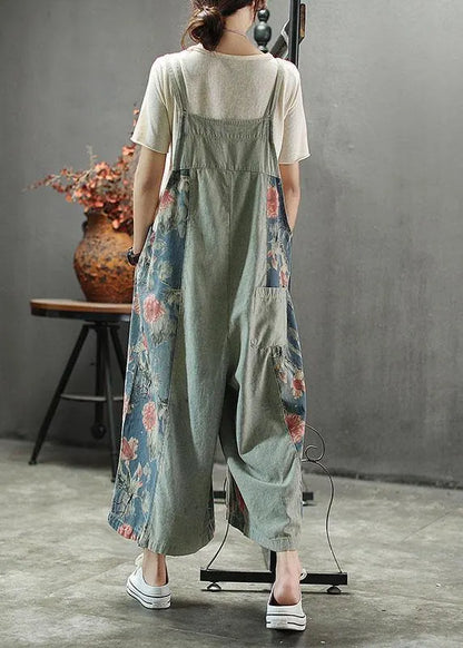 French Dark Color Print Patchwork Pockets Denim Outfits Rompers