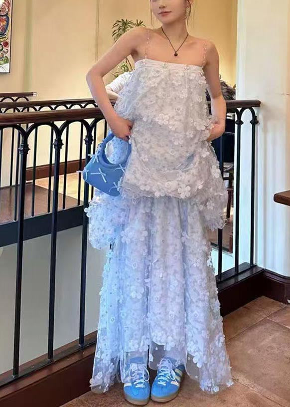 Light Blue Decorated Tulle Party Dress Summer