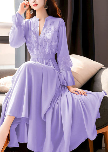 Purple Embroidered Lace Elastic Waist Maxi Dresses Fall