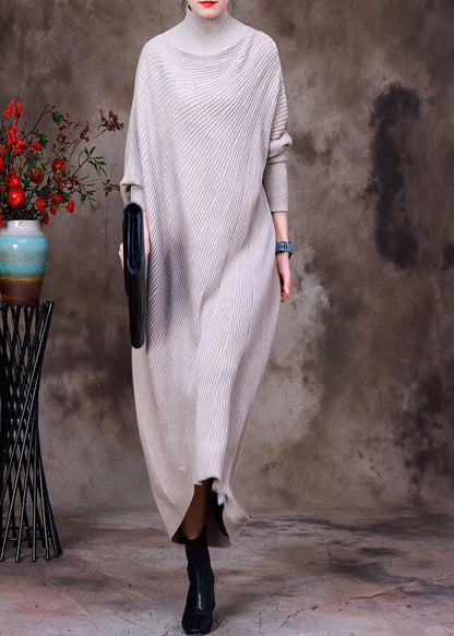Apricot Turtleneck Low High Design Woolen Knit Ankle Sweater Dress Long Sleeve