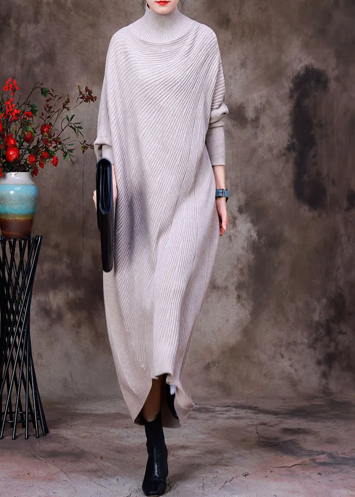Apricot Turtleneck Low High Design Woolen Knit Ankle Sweater Dress Long Sleeve