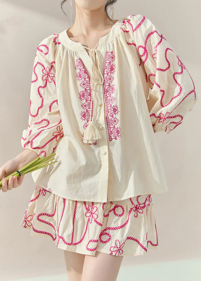 Natural Apricot O-neck Embroidered Top and Skirts Two-piece Set Fall