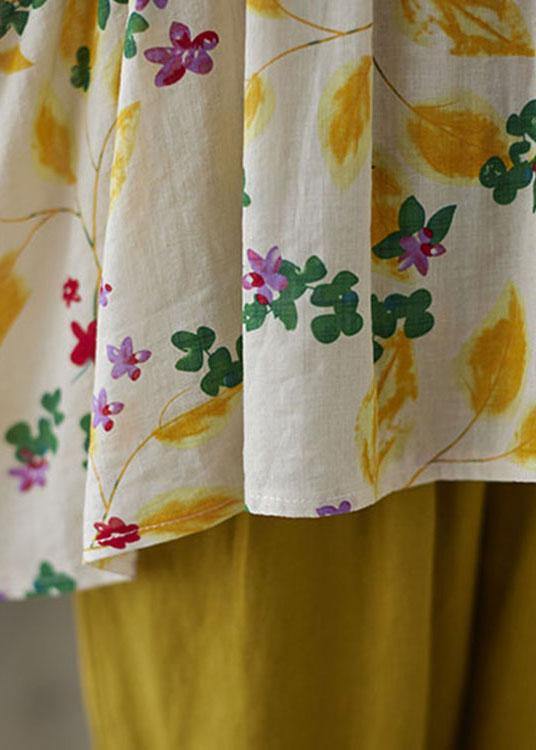 Yellow Ruffles Print Batwing Sleeve Cotton Linen Top