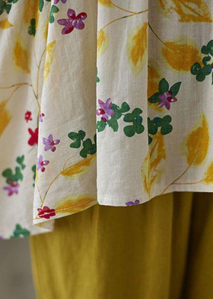 Yellow Ruffles Print Batwing Sleeve Cotton Linen Top