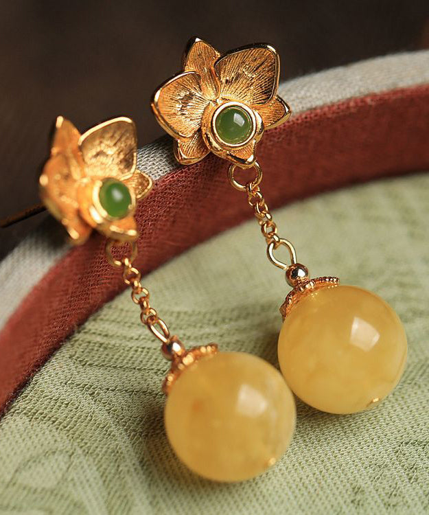 Fine Yellow Sterling Silver Overgild Beeswax Amber Crystal Drop Earrings