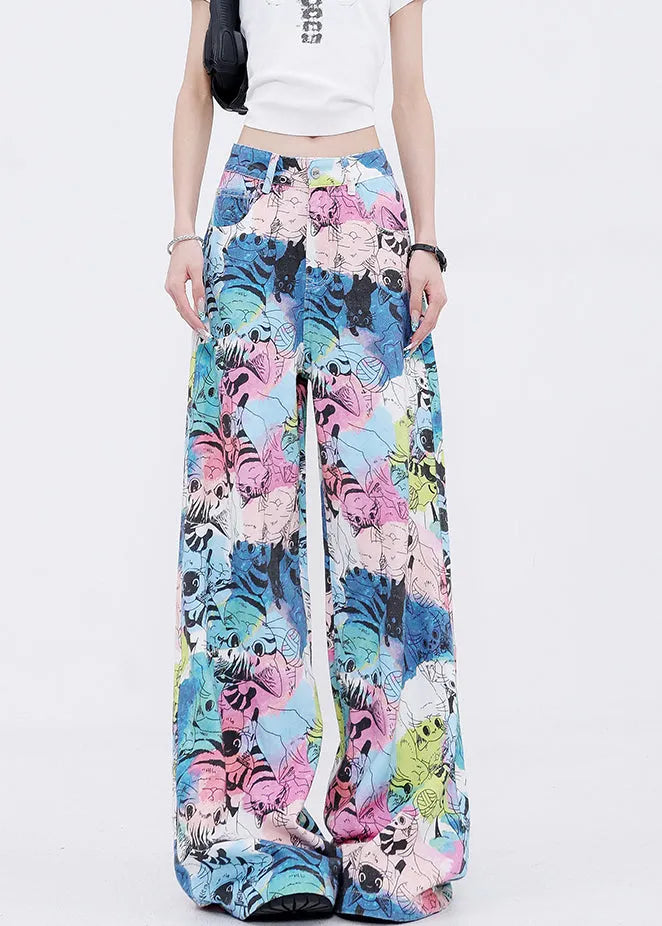Pockets Cartoon Print Denim Wide Leg Pants Fall