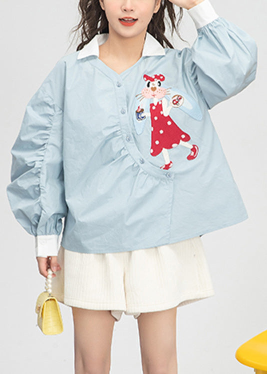 Light Blue Embroideried Button Cotton Shirts Spring