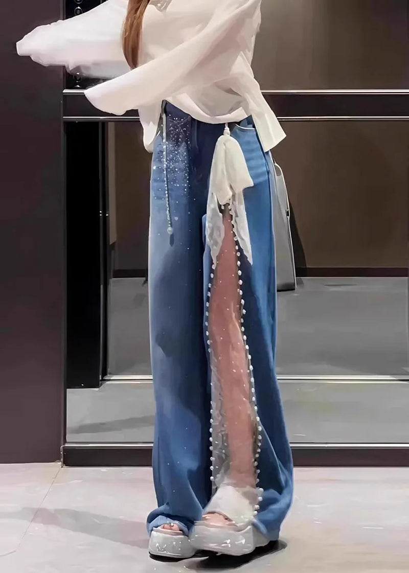 Blue Oversized Patchwork Lace Denim Straight Pants Fall