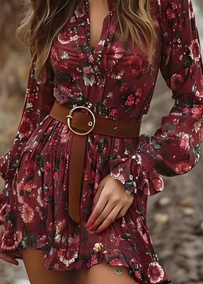Stylish Ruffled Print Cotton Mid Dress Spring