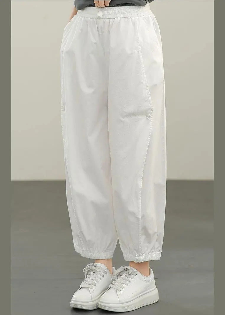 White Elastic Waist Cargo Cotton Pants Summer