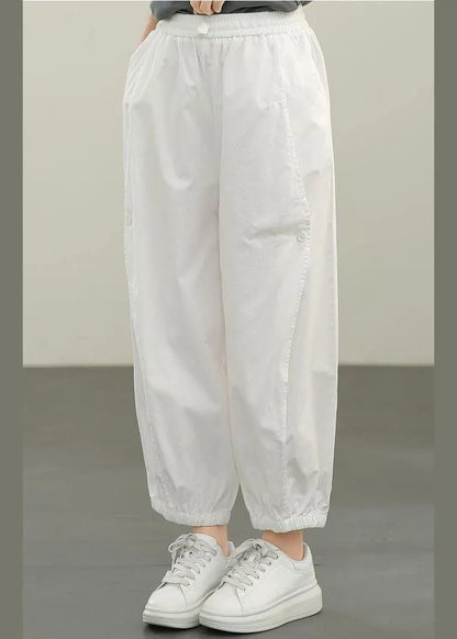 White Elastic Waist Cargo Cotton Pants Summer