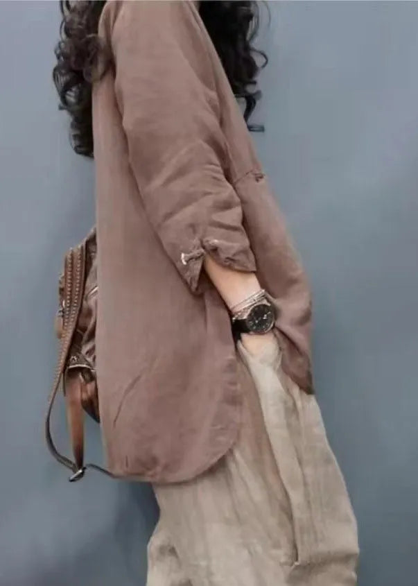 Chocolate Mandarin Collar Button Cotton Linen Coat Long Sleeve