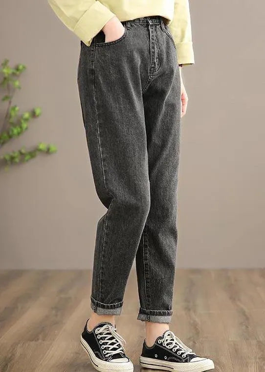 Classy Denim Black Pants Spring Elastic Waist Photography Wild Trousers