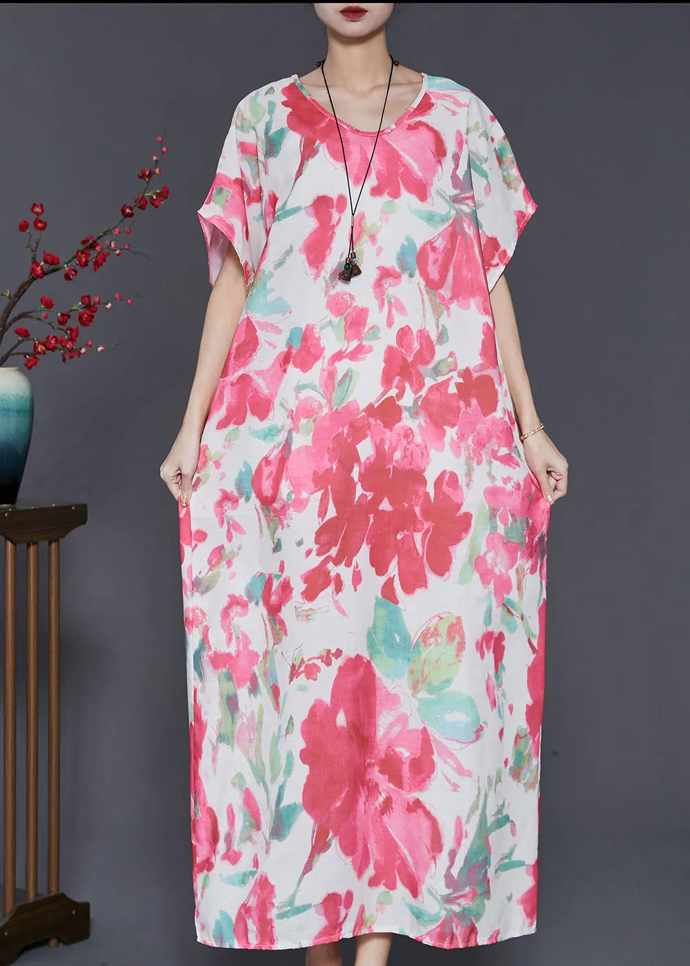 Pink Oversized Print Cotton Vacation Dresses Summer