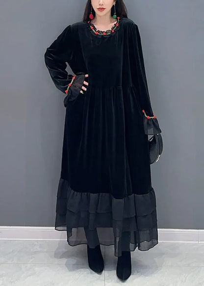 Black Tulle Patchwork Silk Velour Long Dresses Spring