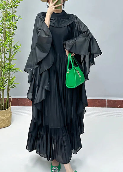 Loose Black Ruffled Cotton Dresses Butterfly Sleeve