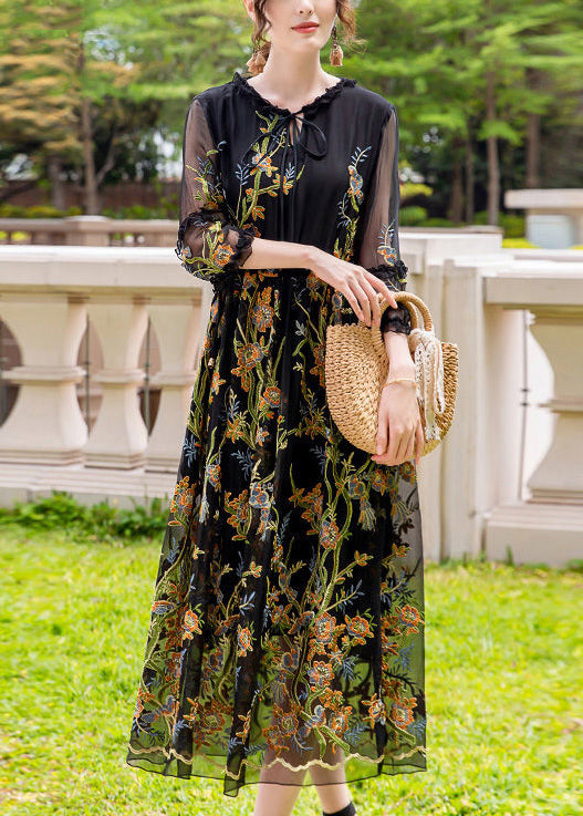 Stylish Black Print Hollow Out Silk Maxi Dresses Summer