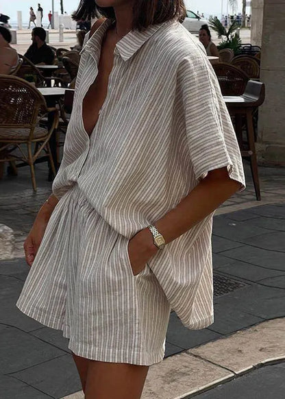 Loose Khaki Peter Pan Collar Striped Shirts and Shorts Two Pieces Set Short Sleeve