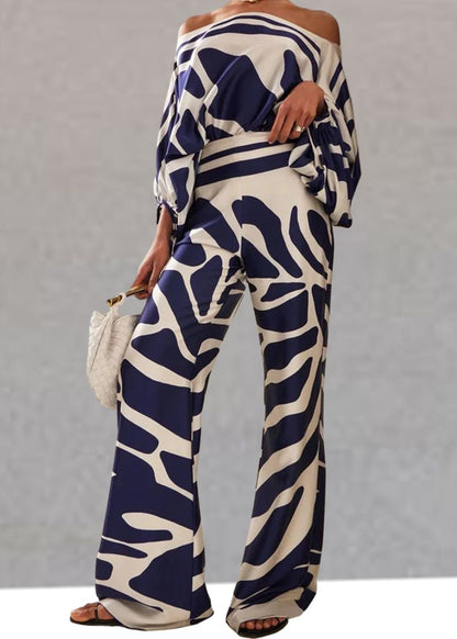 Loose Blue Print High Waist Cotton Two Piece Set Spring
