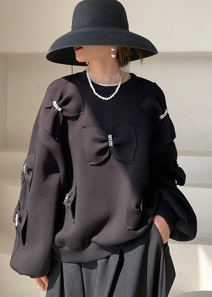 Black Bow Cotton Sweatshirts Top Spring