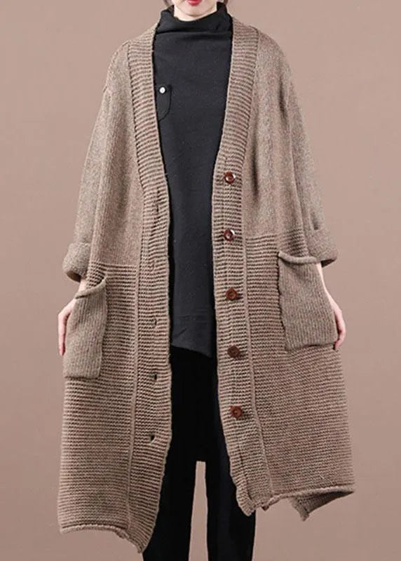 Chocolate V Neck Pockets Fall Long Sweater Coat