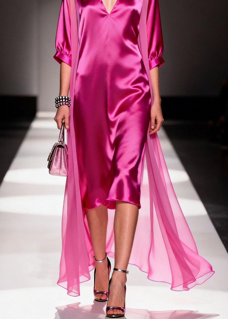 French Rose V Neck Patchwork Chiffon Dresses Summer